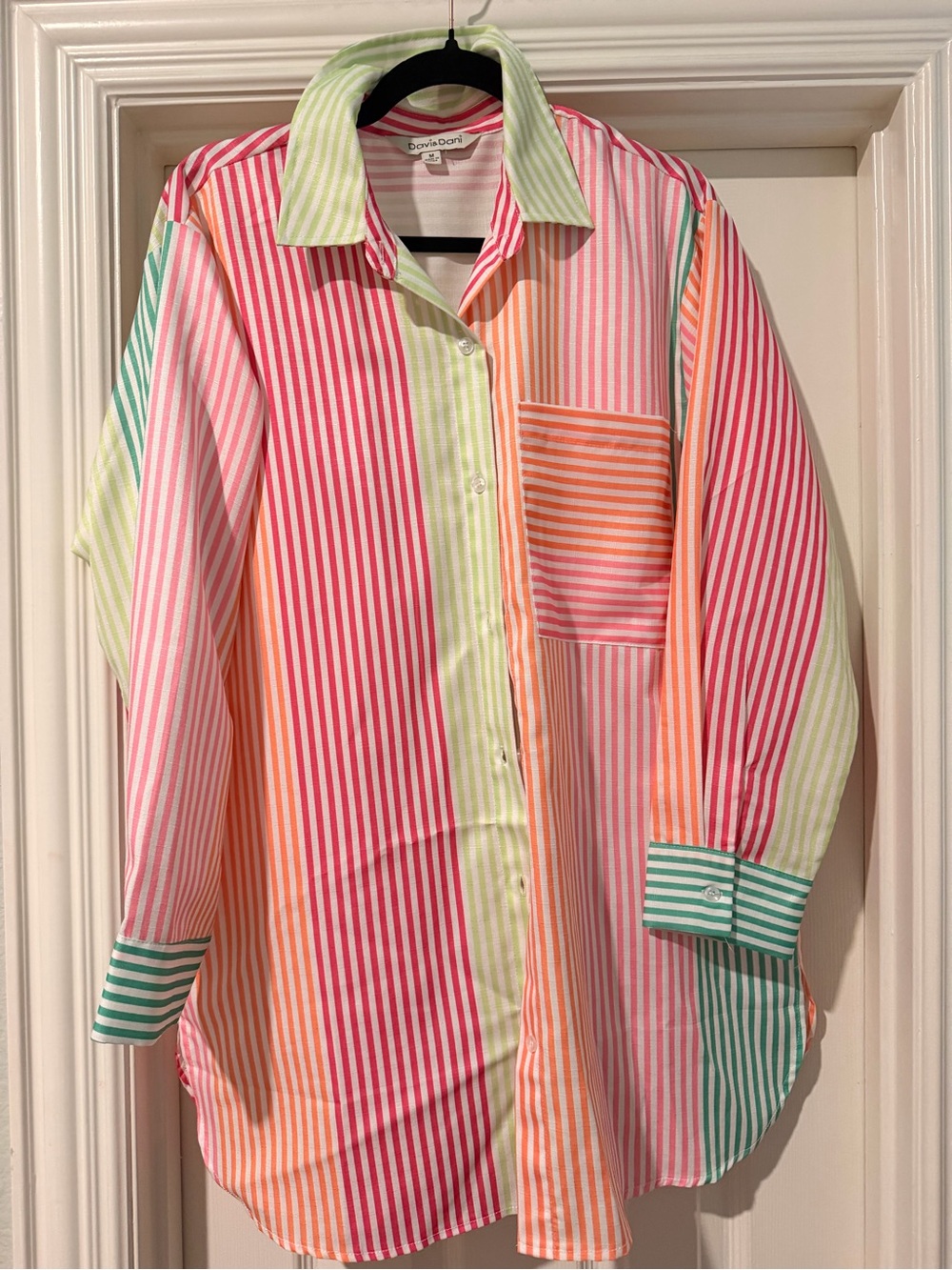 Bow & Drape Striped Multicolor Button-Up Shirt - Pink, Coral, Green, Aqua